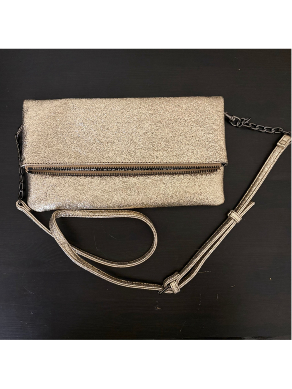 Sole Society Gold Metallic Foldover Crossbody Bag Clutch Leopard Print Lining Fl